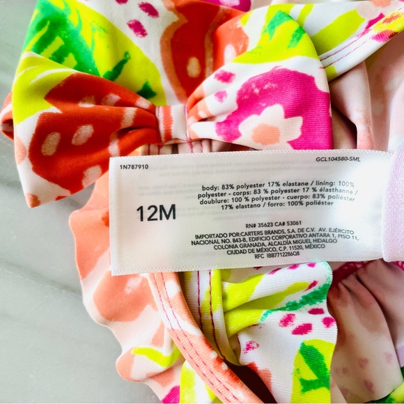 Carter’s•NWT•12m•1-Piece Floral Swimsuit•Ruffled Front+Straps~Bow•Diaper Snaps - Picture 8 of 12